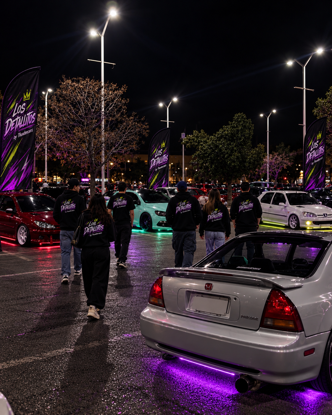 Comunidad de Los Detallitos caminando entre autos y banderas en un encuentro nocturno, con un Honda Prelude en primer plano