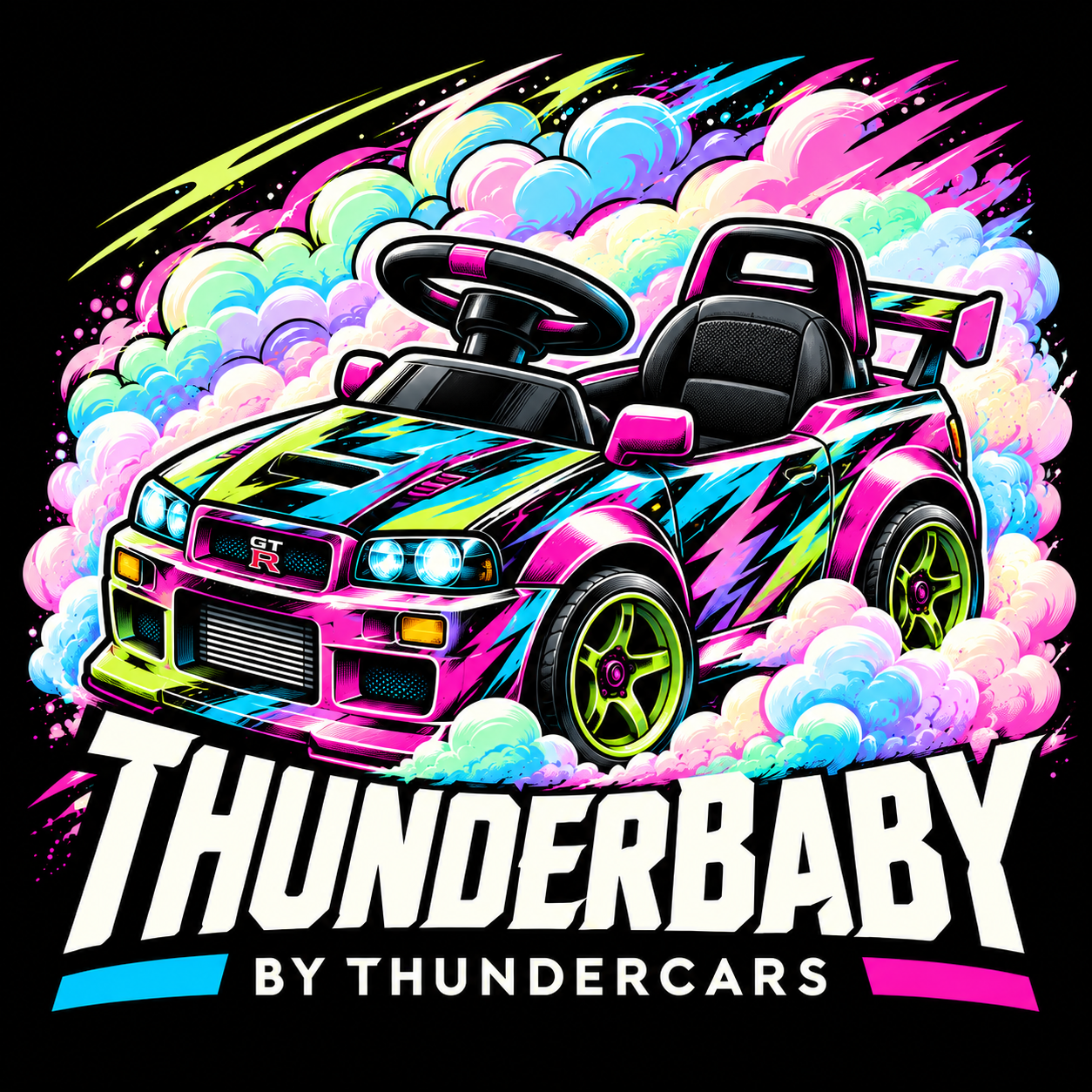Portada ThunderBaby: autito deportivo infantil entre humo pastel. Submarca by ThunderCars.