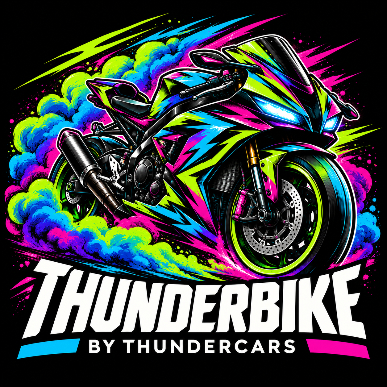 Portada ThunderBike: motocicleta deportiva entre humo neón. Submarca by ThunderCars.